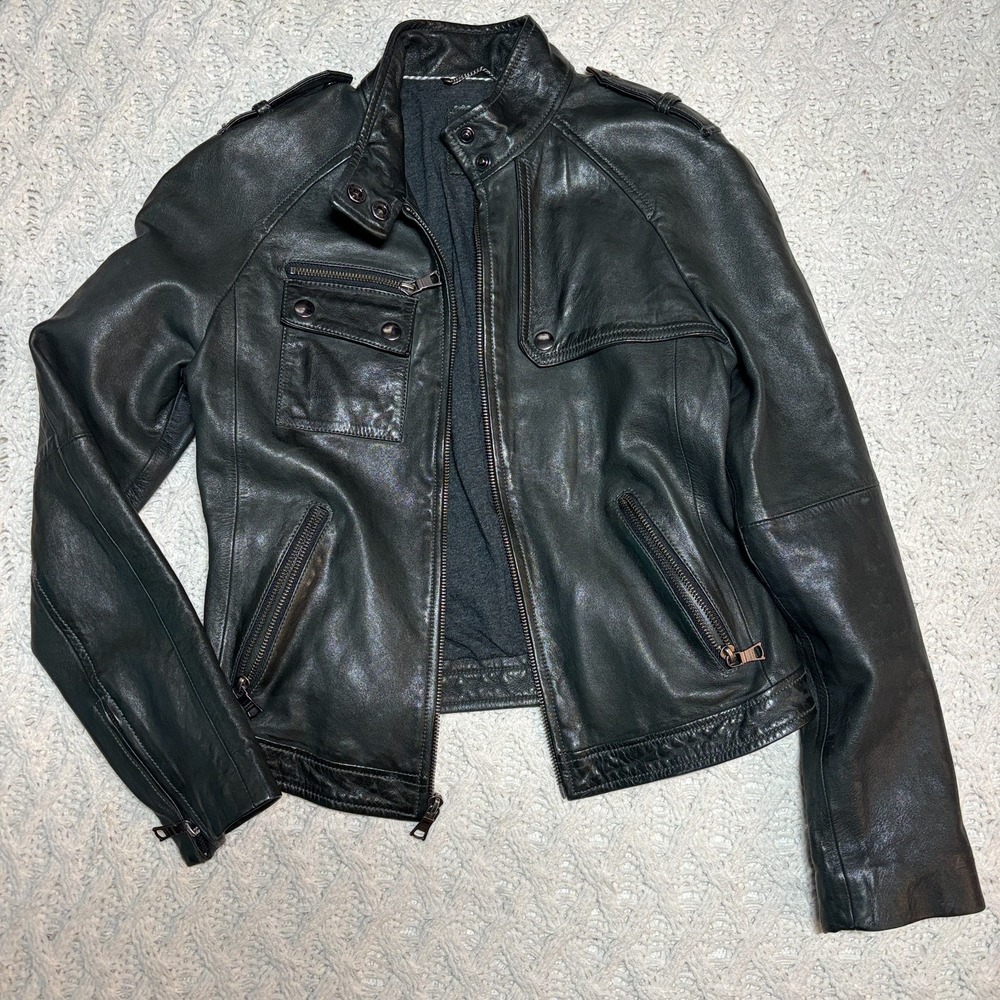Banana Republic Butter Soft Leather Jacket Dark‎ Olive Solid Zippered Moto XS
